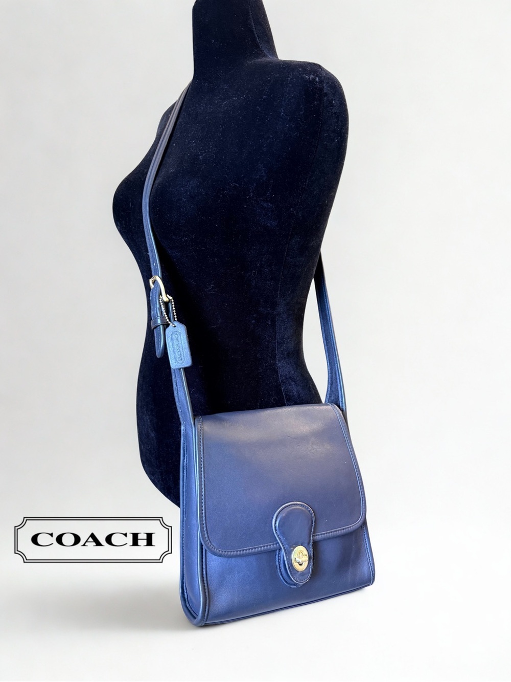 VINTAGE Coach Shelburne Flap 9038 Navy Blue Leather Crossbody + Dust Bag - MINT